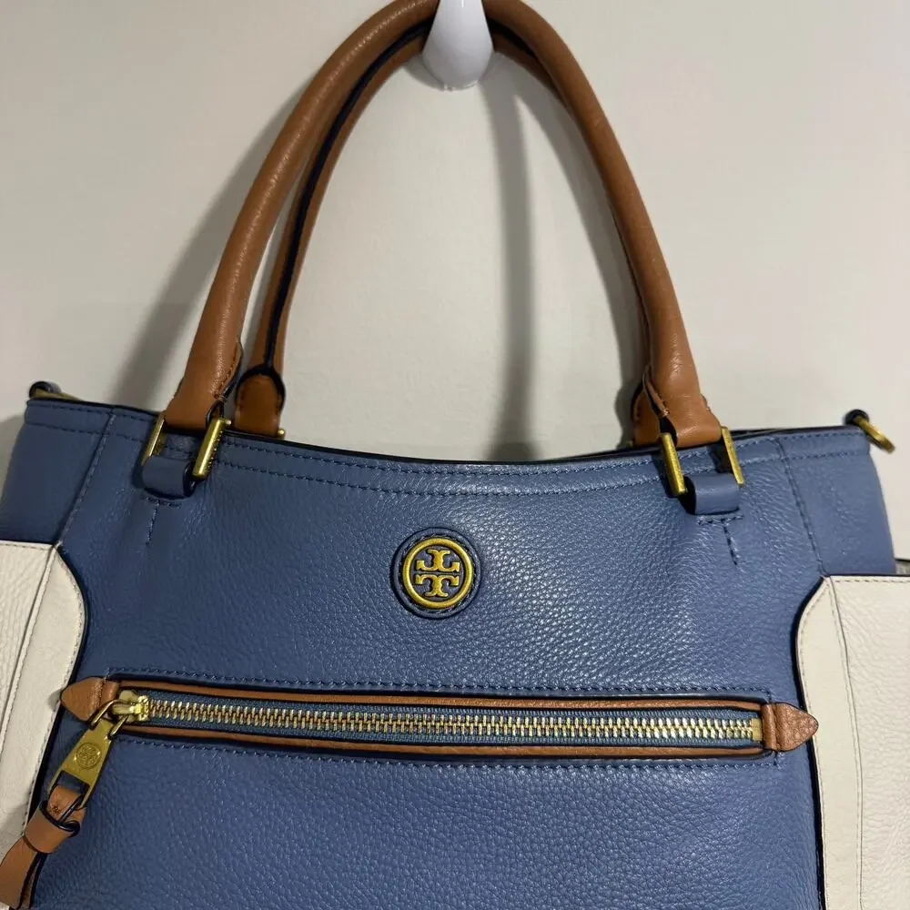 Tory Burch Frances Satchel Pebbled Leather Blue White Brown Colorblock Tote
